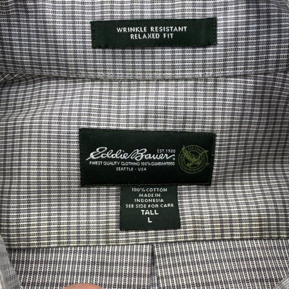 Eddie Bauer Shirt Men Large Tall LT Gray Checkered Button Down Wrinkle Free Polo - Picture 4 of 7